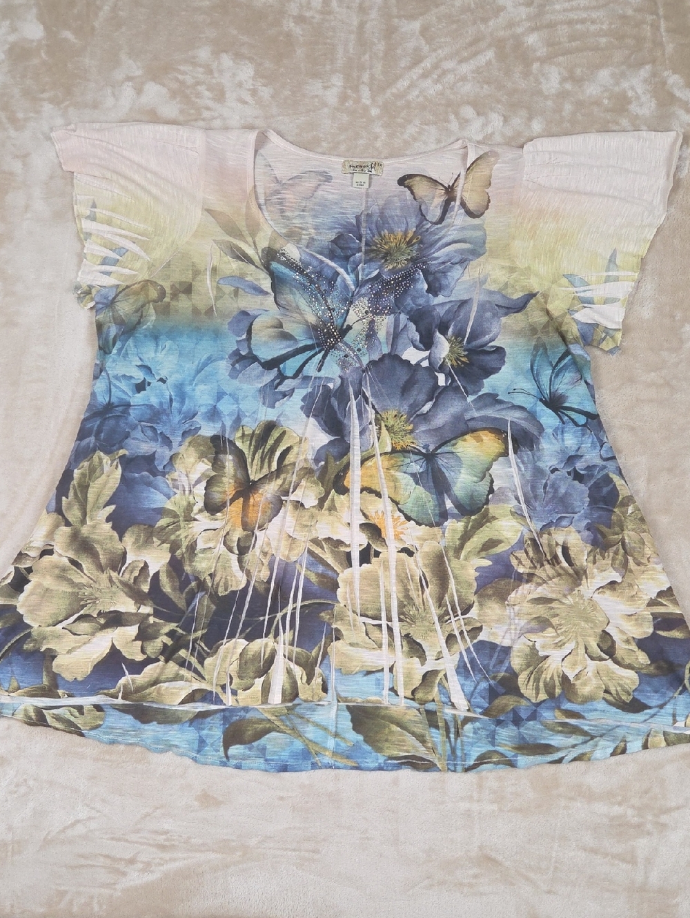 ONE WORLD Blue Multi Floral & Butterfly Scoop Neck Top